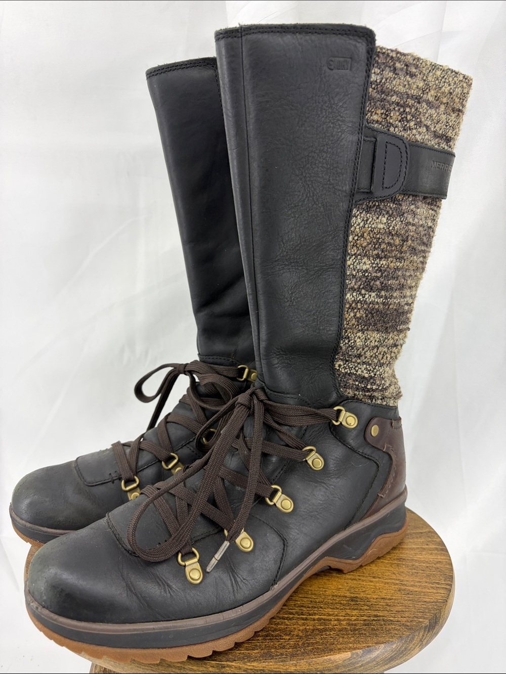 Merrell Eventyr Peak Side Zip Mid-Calf Leather & Tweed Knit WP Boots, Womens 9